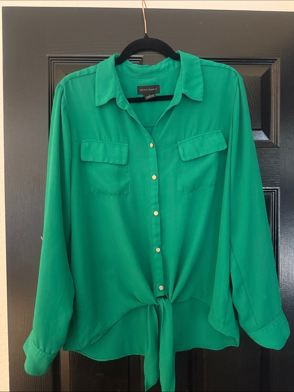 Investments Emerald Green Button-Front Tie Hem Shirt